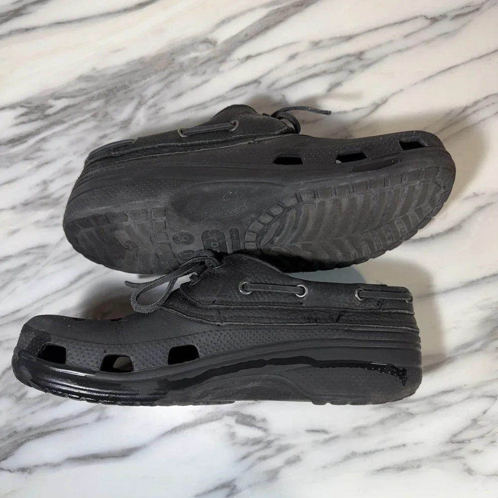 Crocs Islander Pitcrew Sport Boat Shoes Mens 9 Black Leather‎ Upper Lace Up